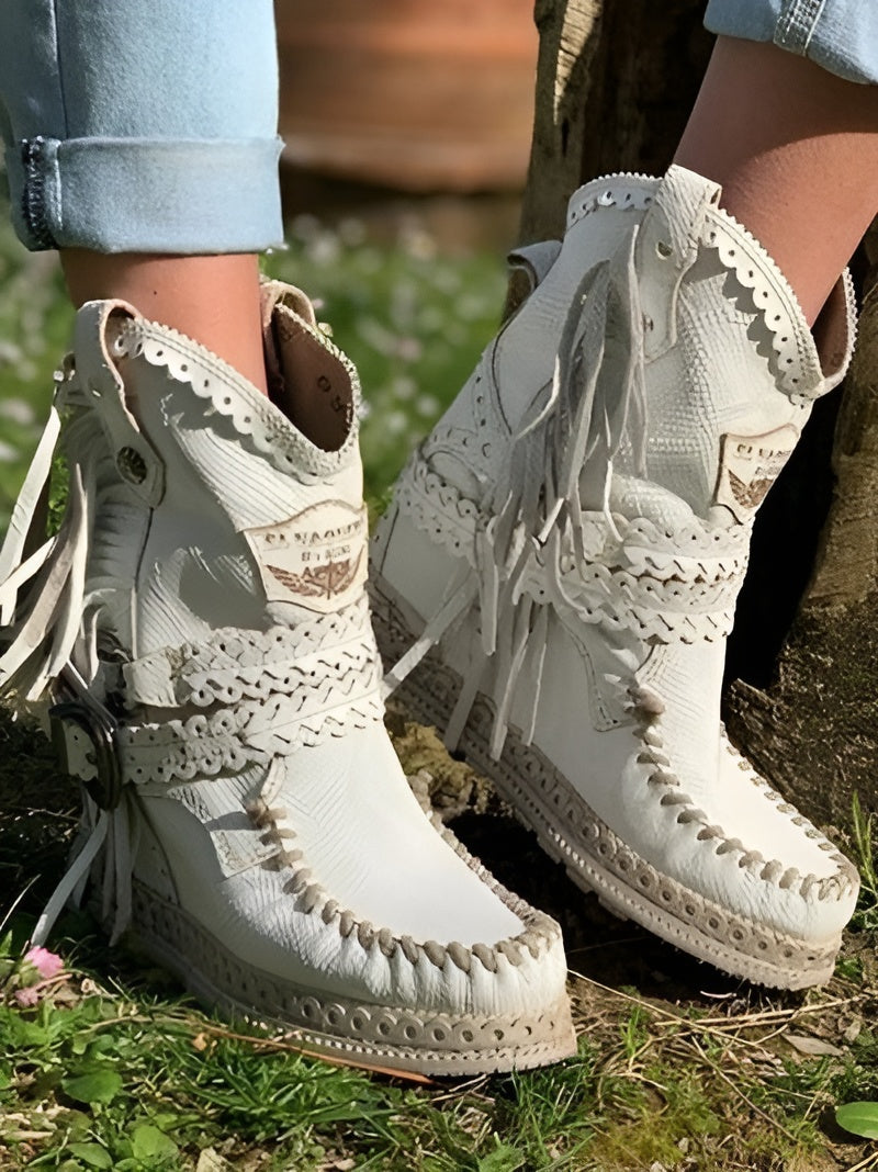 Women's Fringe Ankle Boots with Woven Detail - White