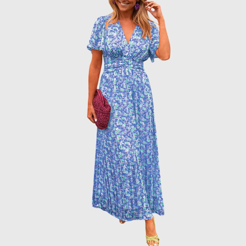 Women's Printed Wrap-Style Maxi Dress Short Sleeve Outfit for Summer Events