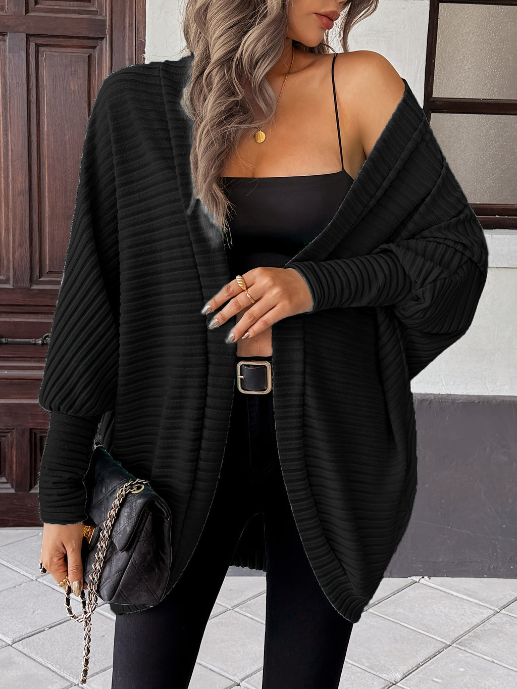 Women's Draped Open-Front Ribbed Cardigan