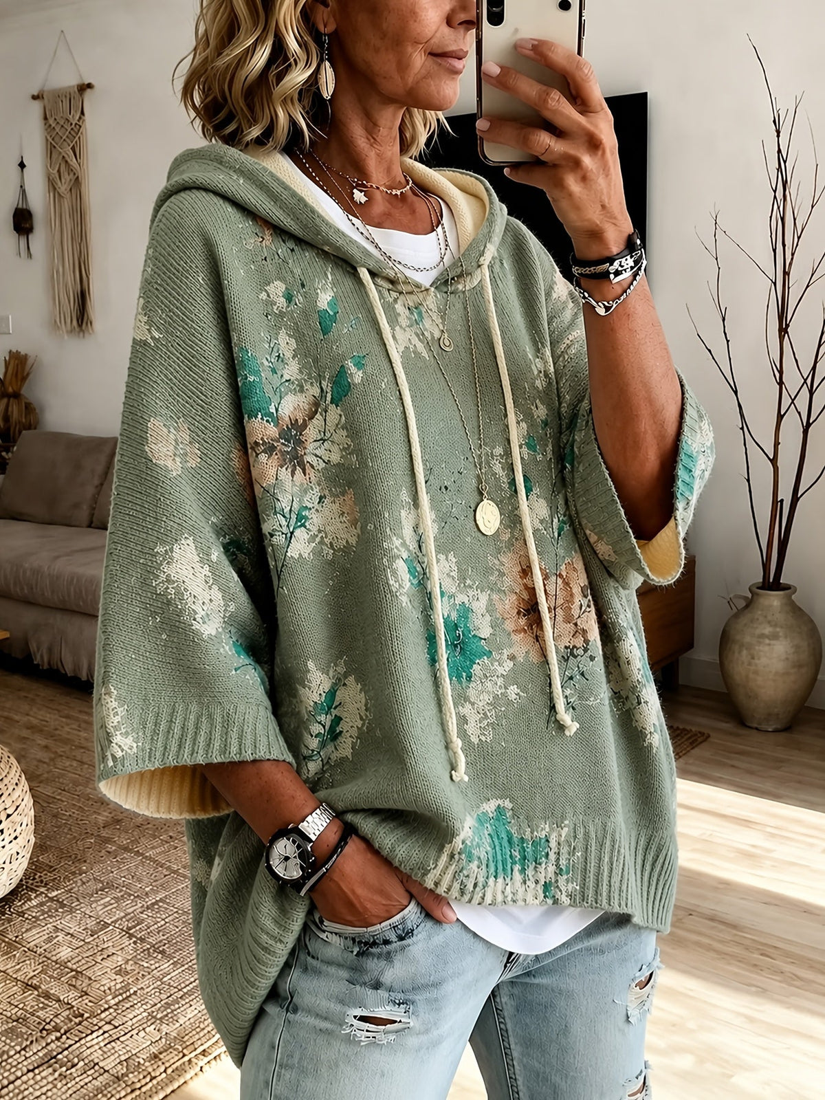 Women's Hooded Floral Cape Sweater with Drawstring