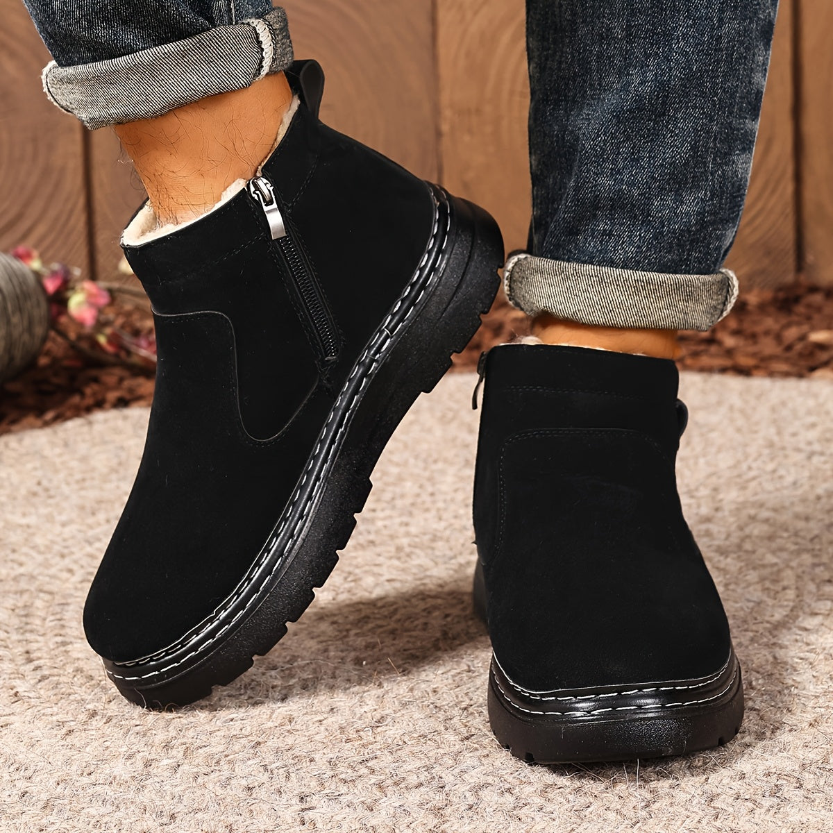Women's Plush-Lined Winter Ankle Boots with Side Zip