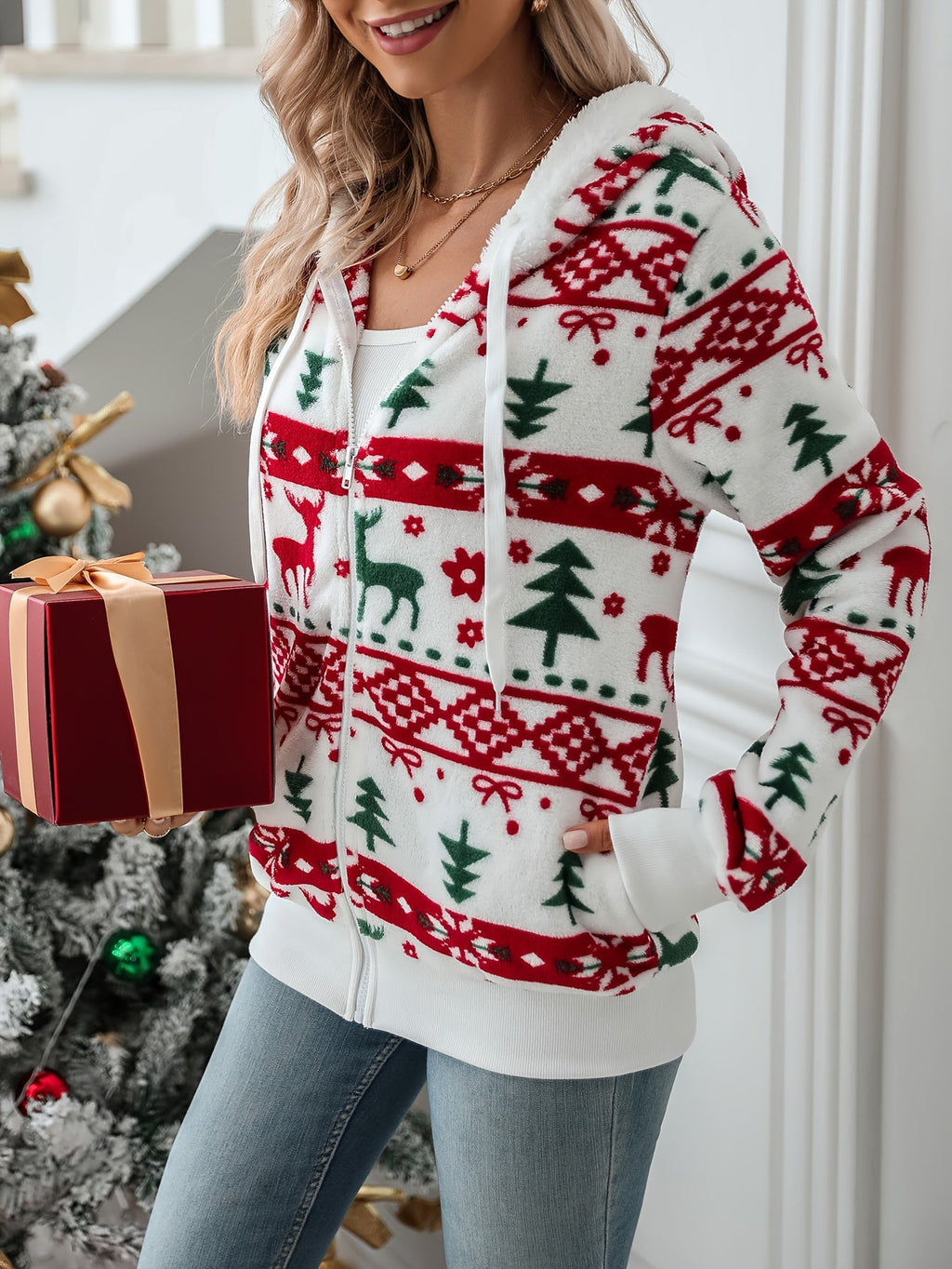 Women's Hooded Zip-Up Christmas Print Cardigan with Pockets