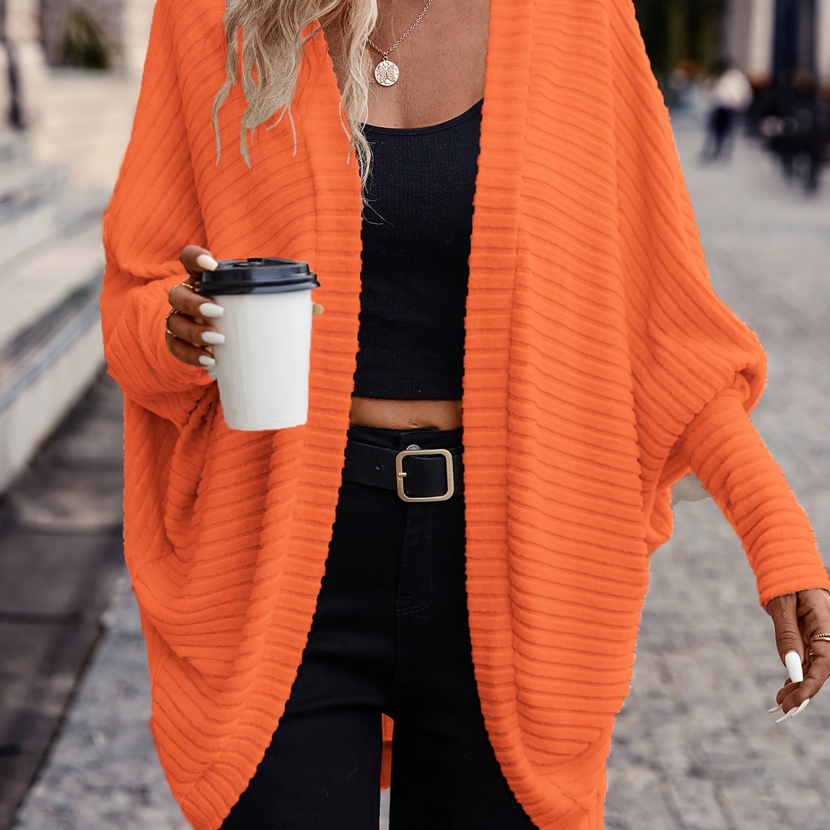 Women's Draped Open-Front Ribbed Cardigan - Orange-red