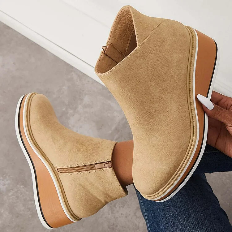 Women's Sleek Platform Side-Zip Ankle Boots - Beige