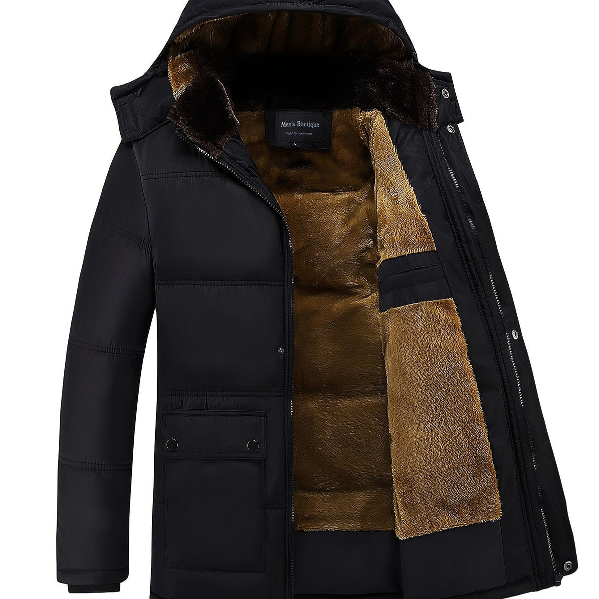 Women's Plush-Lined Hooded Winter Coat with Zip Front - Black