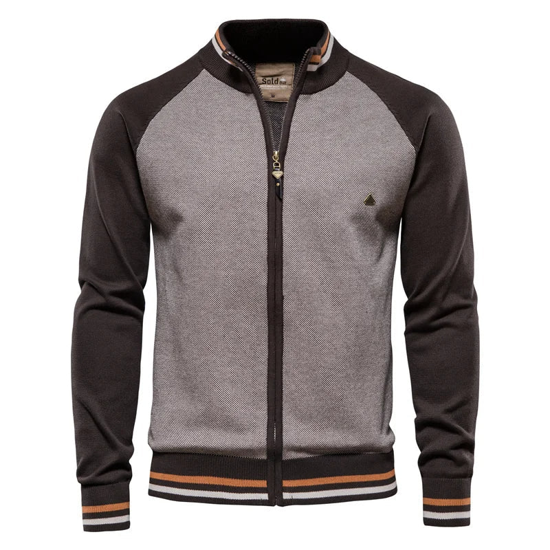 Men's Cotton Stand Collar Zip-Up Knit Cardigan - Brown