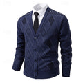 Men's Argyle V-Neck Button Cardigan with Side Pockets - Navy Blue