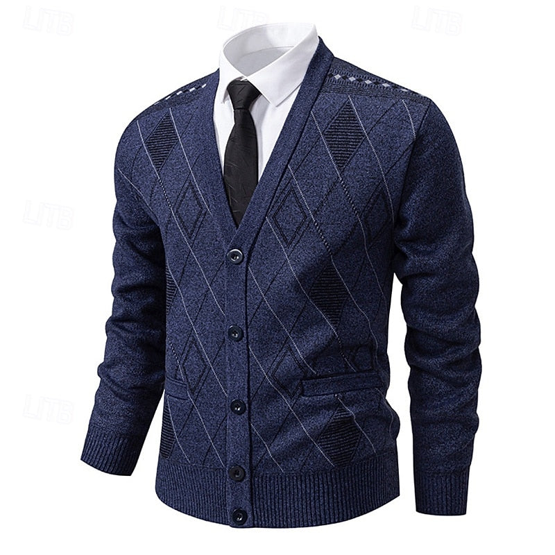 Men's Argyle V-Neck Button Cardigan with Side Pockets - Navy Blue