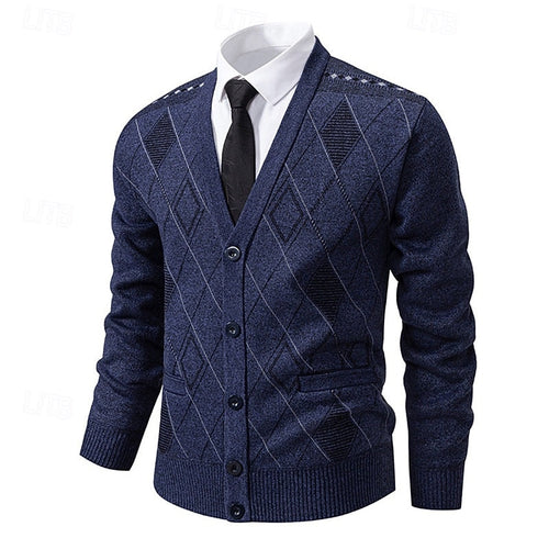 Men's Argyle V-Neck Button Cardigan with Side Pockets - Navy Blue