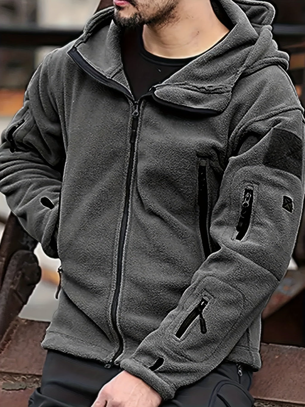 Men's Rugged Hooded Zip-Up Jacket with Zip Pockets