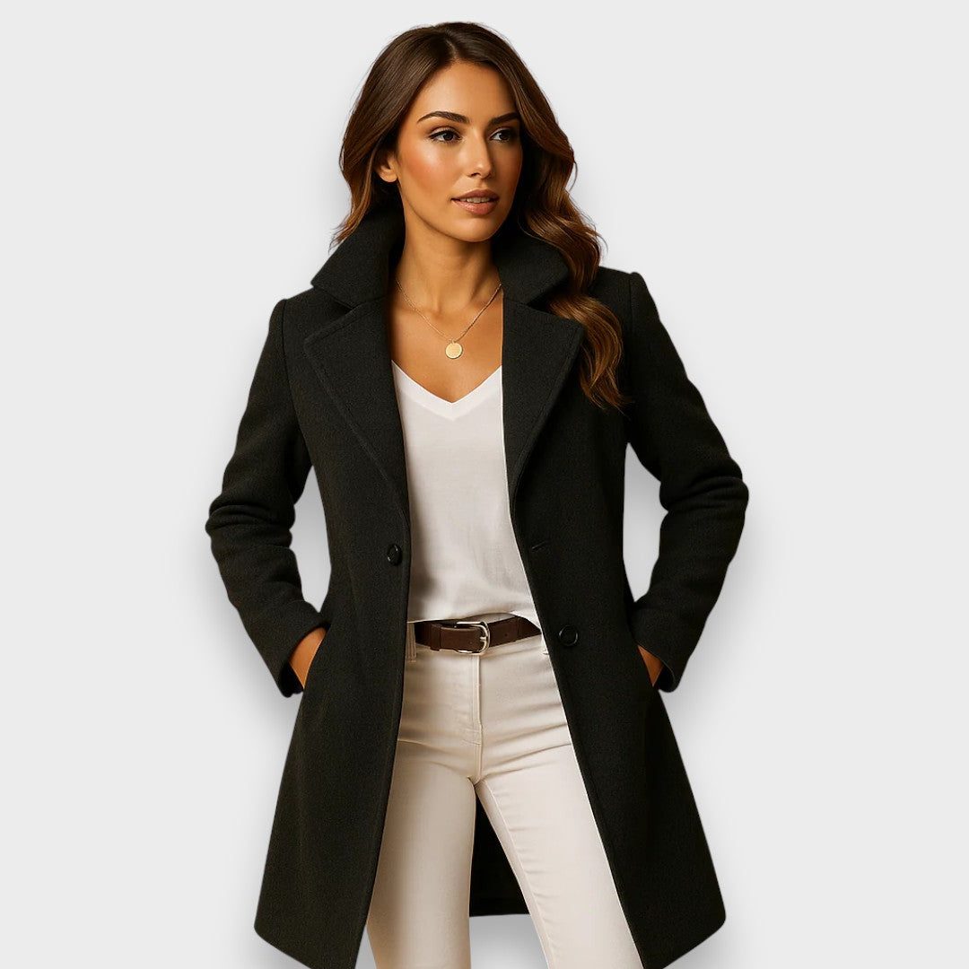 Women's Long Wool Lapel Collar Coat with Front Pockets - Black