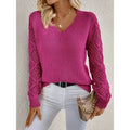 Women's V-Neck Openwork Sleeve Ribbed Knit Sweater - Pink