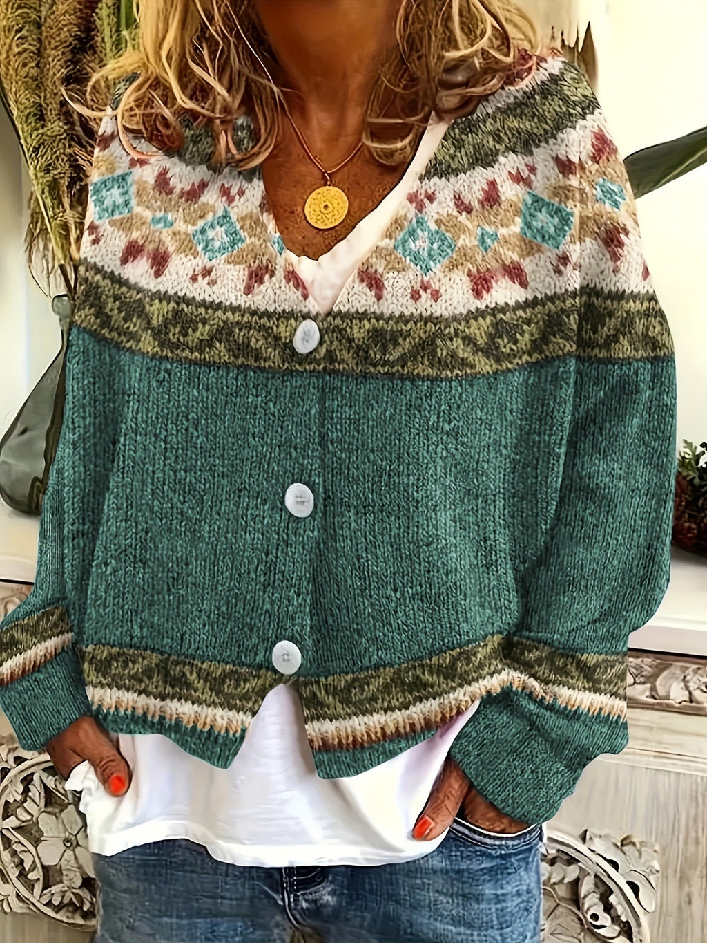 Women's Geometric Yoke Button-Front Cardigan