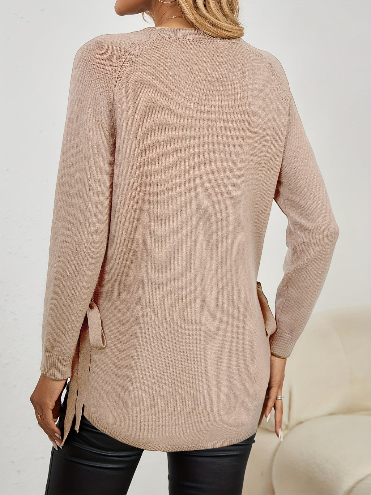 Women's Relaxed Longline Round Neck Sweater with Side Slits