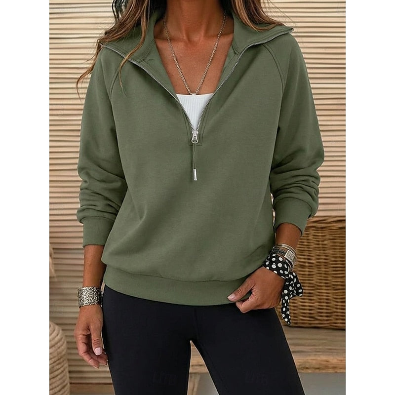 Women's Relaxed Quarter-Zip Pullover with Stand-Up Collar - Olive