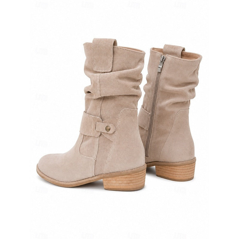 Women's Slouchy Block-Heel Ankle Boots with Side Zip - Dark Brown