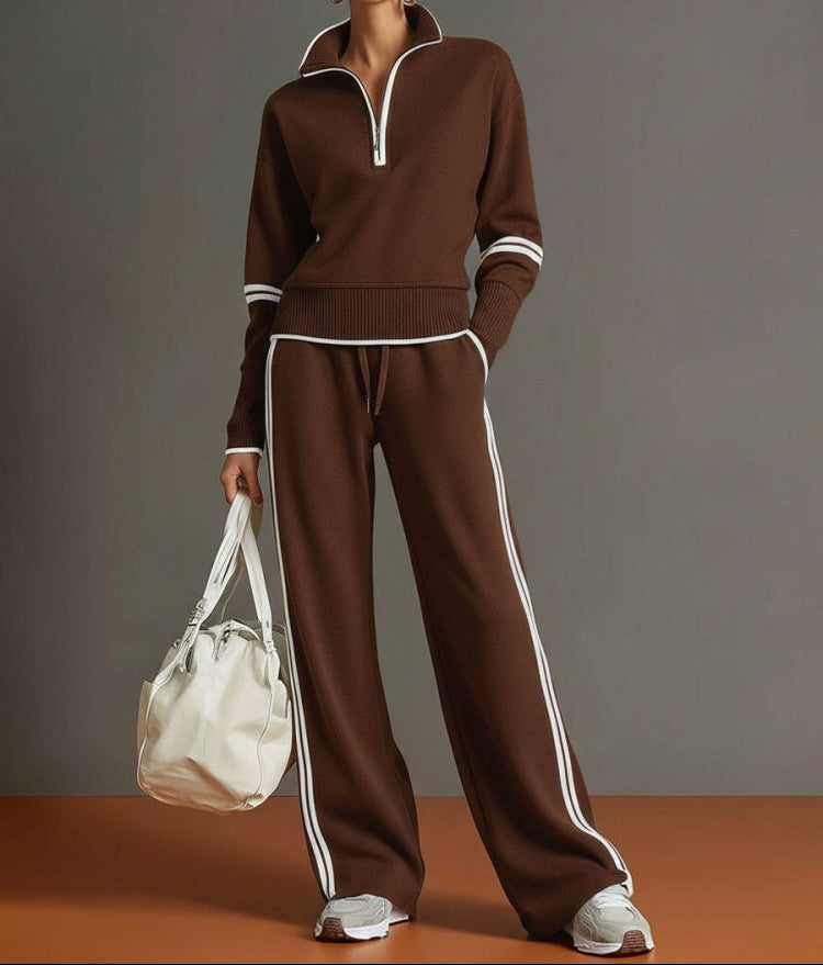 Women's Half-Zip Stretch Wide-Leg Lounge Set - Dark Brown