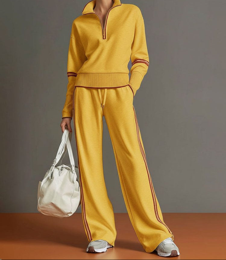 Women's Half-Zip Stretch Wide-Leg Lounge Set - Mustard Yellow