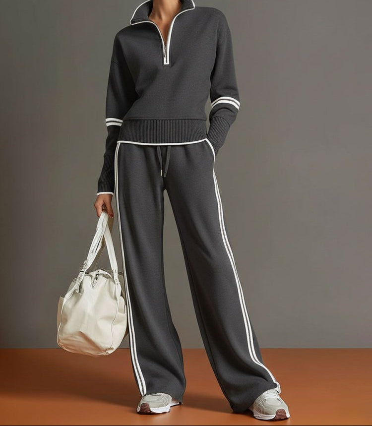 Women's Half-Zip Stretch Wide-Leg Lounge Set - Dark Gray