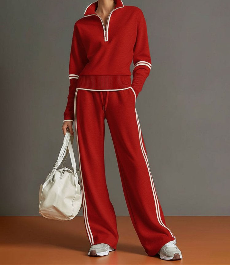 Women's Half-Zip Stretch Wide-Leg Lounge Set - Red