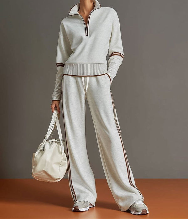 Women's Half-Zip Stretch Wide-Leg Lounge Set - Light Gray