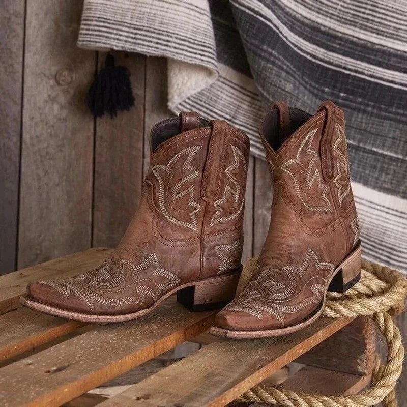 Women's Embroidered Western Ankle Boots - Brown