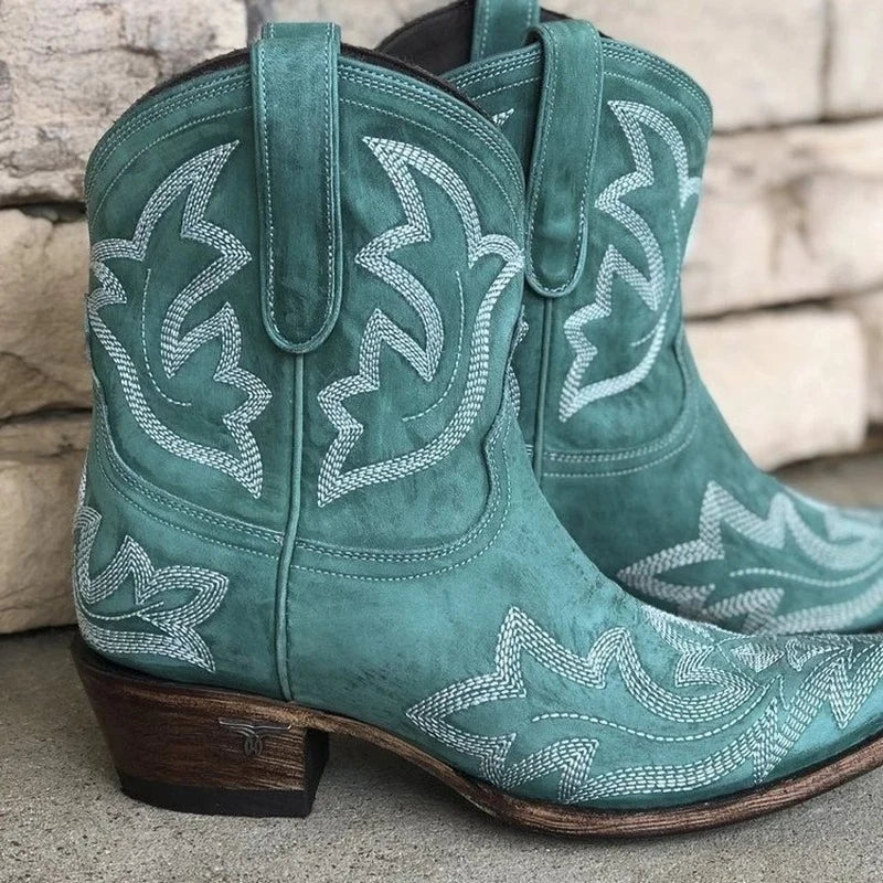 Women's Embroidered Western Ankle Boots - Blue Green