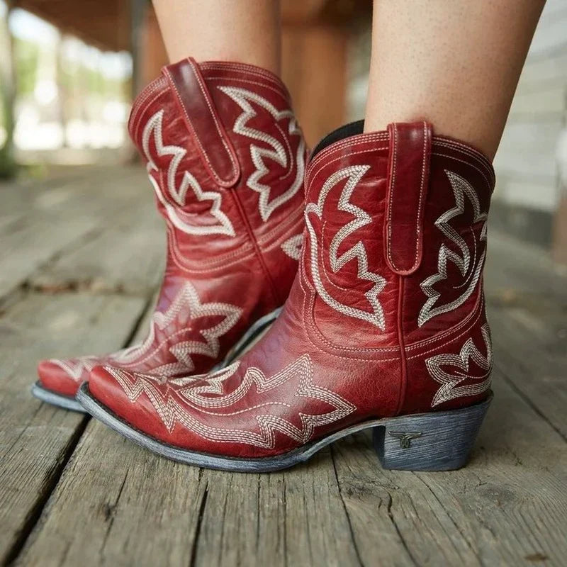 Women's Embroidered Western Ankle Boots - Wine Red
