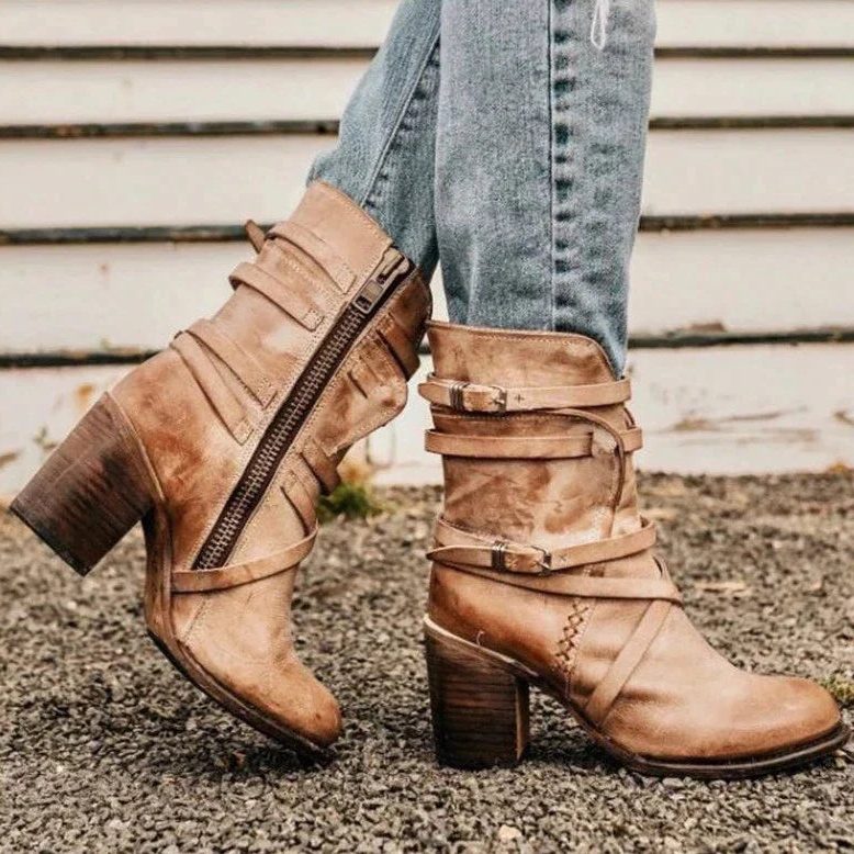 Women's Suede Buckle-Strap Block Heel Ankle Boots - Khaki