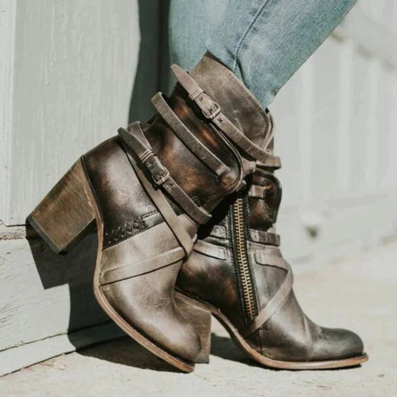 Women's Suede Buckle-Strap Block Heel Ankle Boots - Dark Brown