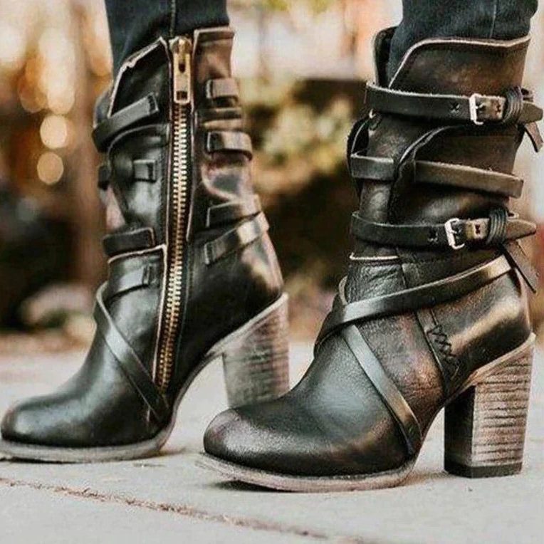 Women's Suede Buckle-Strap Block Heel Ankle Boots - Black