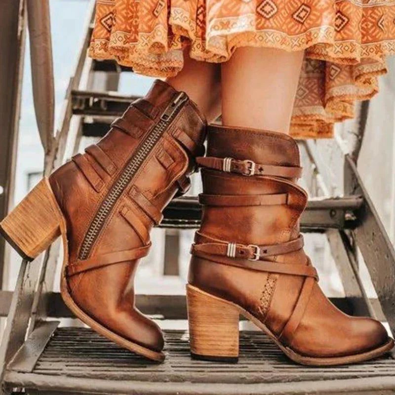 Women's Suede Buckle-Strap Block Heel Ankle Boots - Red Forehead