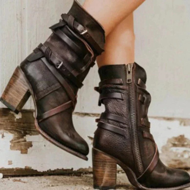 Women's Suede Buckle-Strap Block Heel Ankle Boots