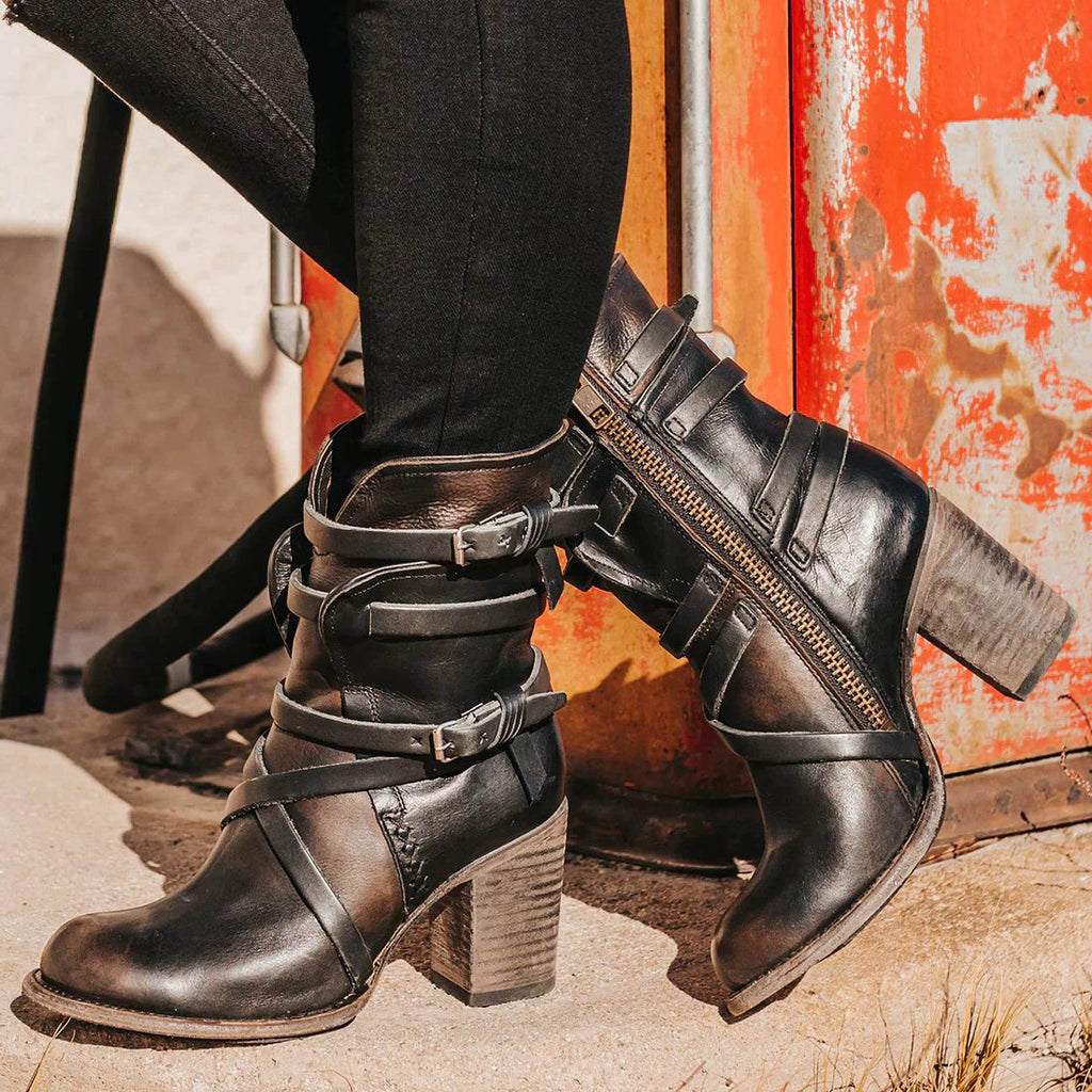 Women's Suede Buckle-Strap Block Heel Ankle Boots