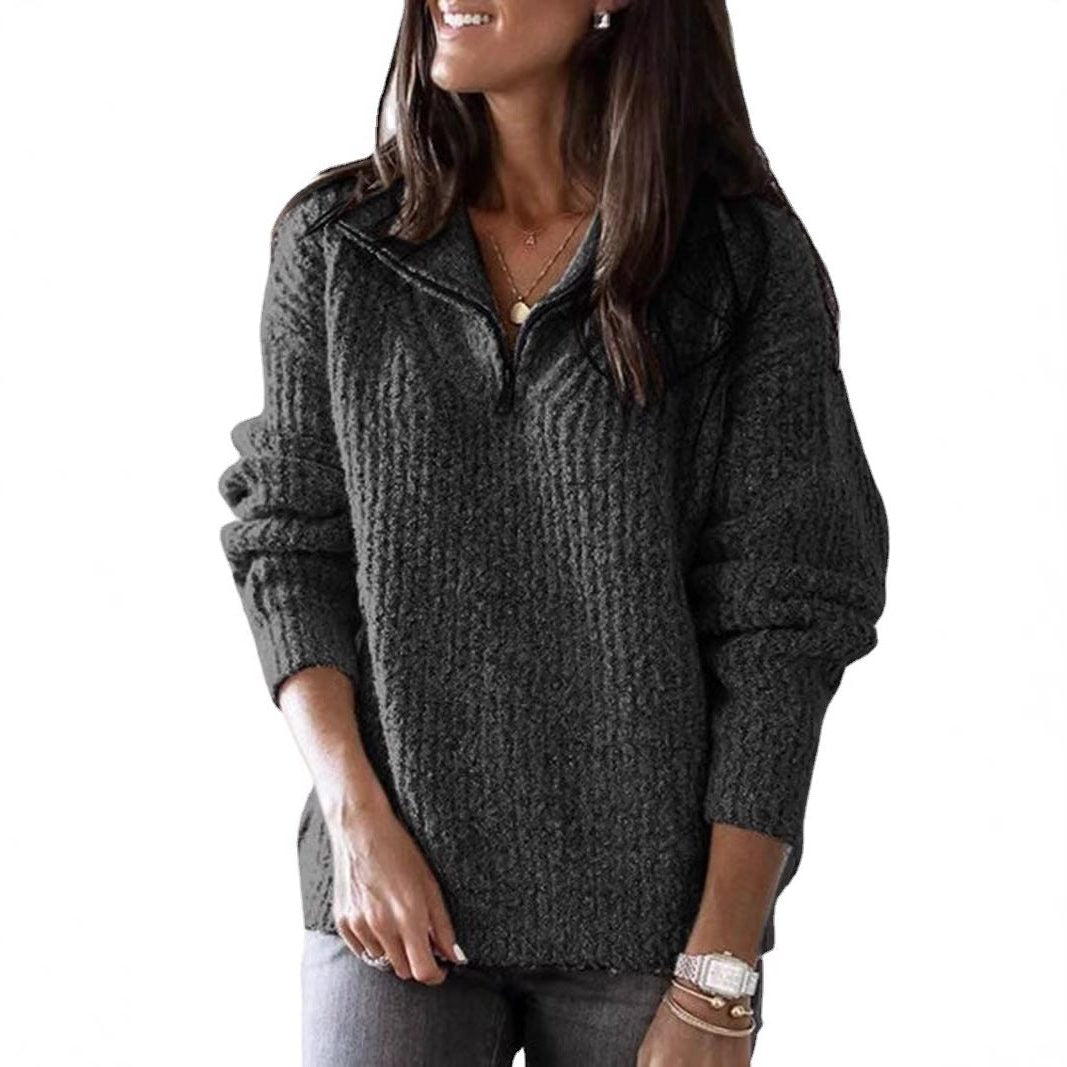Women's Textured Half-Zip Sweater with Stand Collar