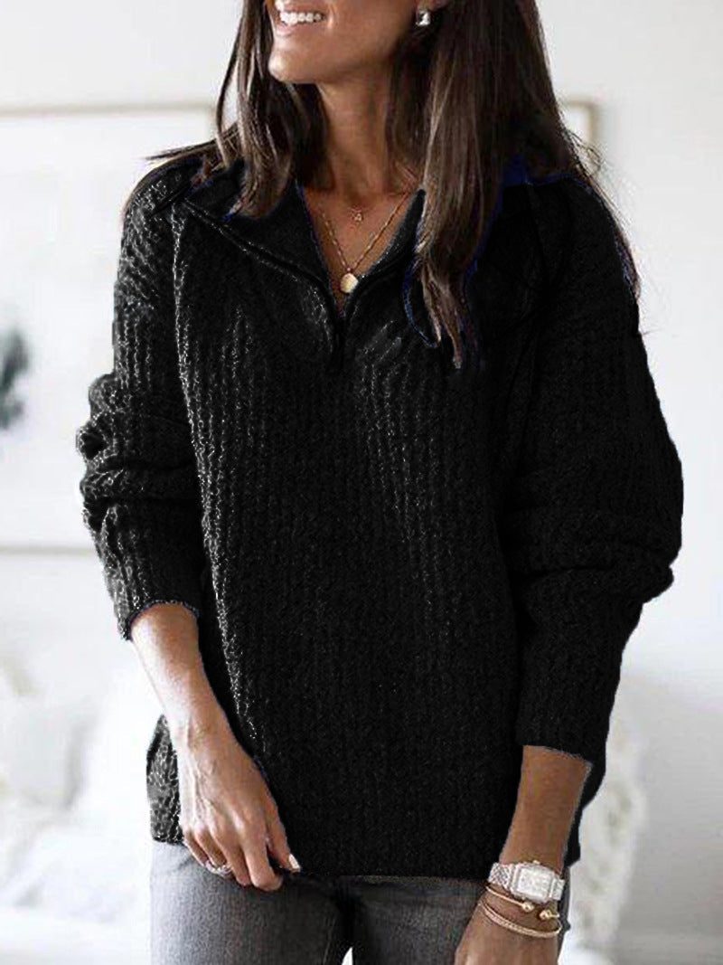 Women's Textured Half-Zip Sweater with Stand Collar - Black