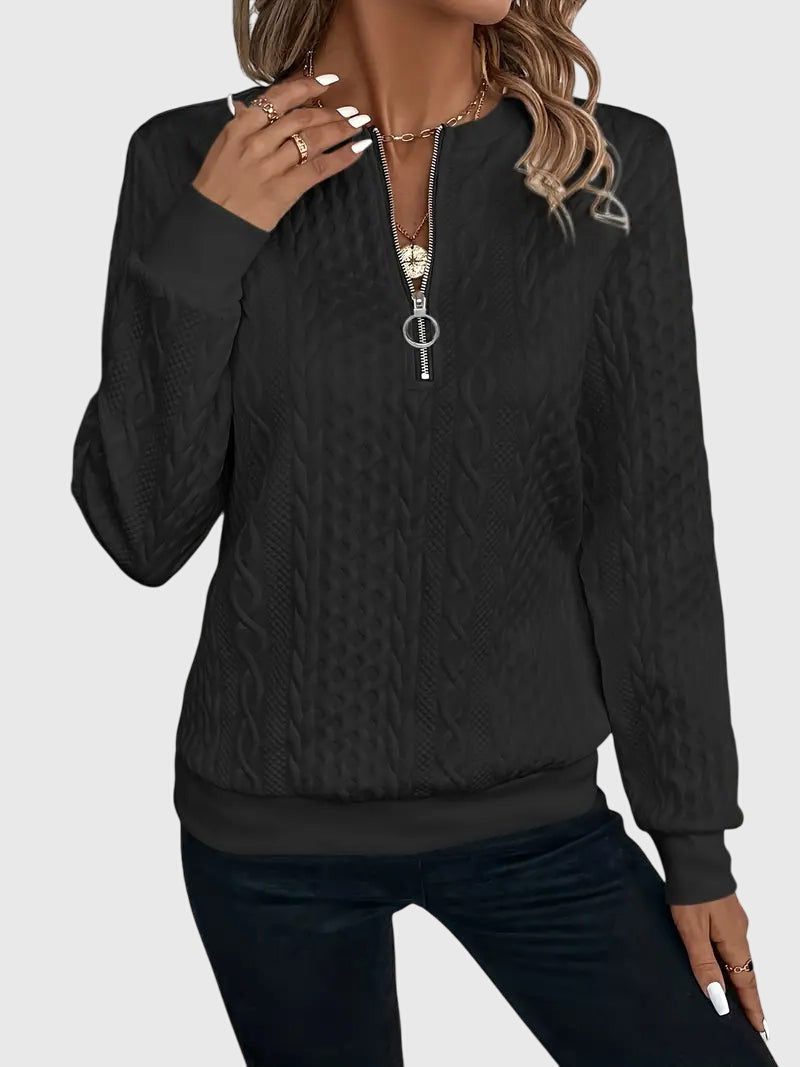 Women's Cable-Knit Zip-Up Sweater with Three-Quarter Sleeves