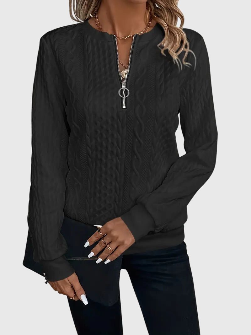 Women's Cable-Knit Zip-Up Sweater with Three-Quarter Sleeves - Black