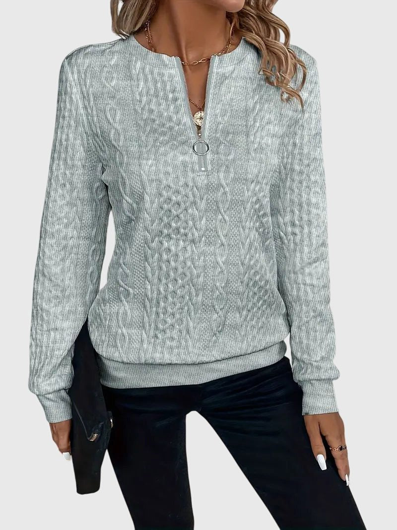Women's Cable-Knit Zip-Up Sweater with Three-Quarter Sleeves - Gray