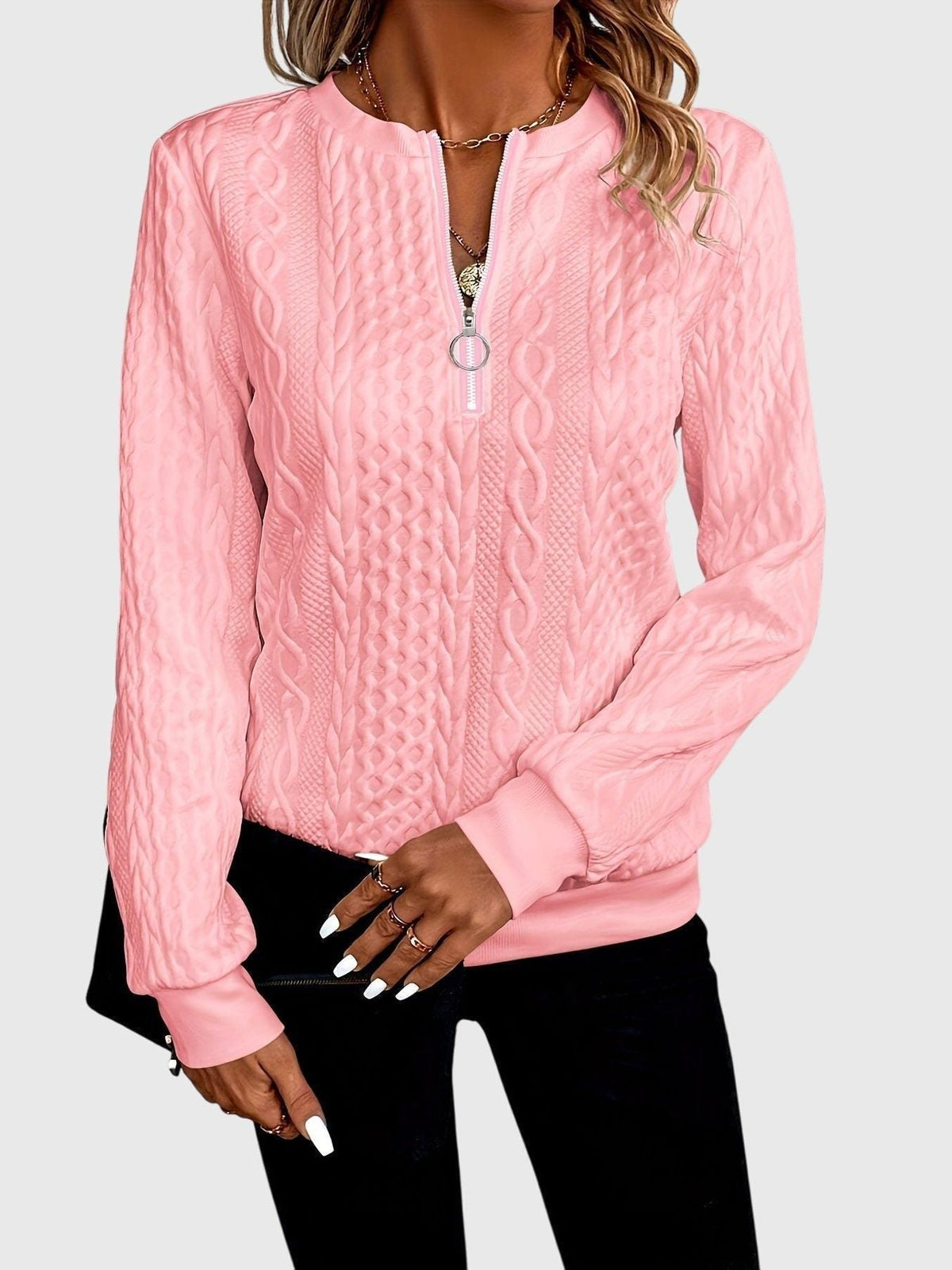Women's Cable-Knit Zip-Up Sweater with Three-Quarter Sleeves - Pink