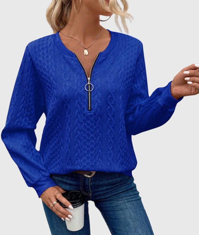 Women's Cable-Knit Zip-Up Sweater with Three-Quarter Sleeves - Blue