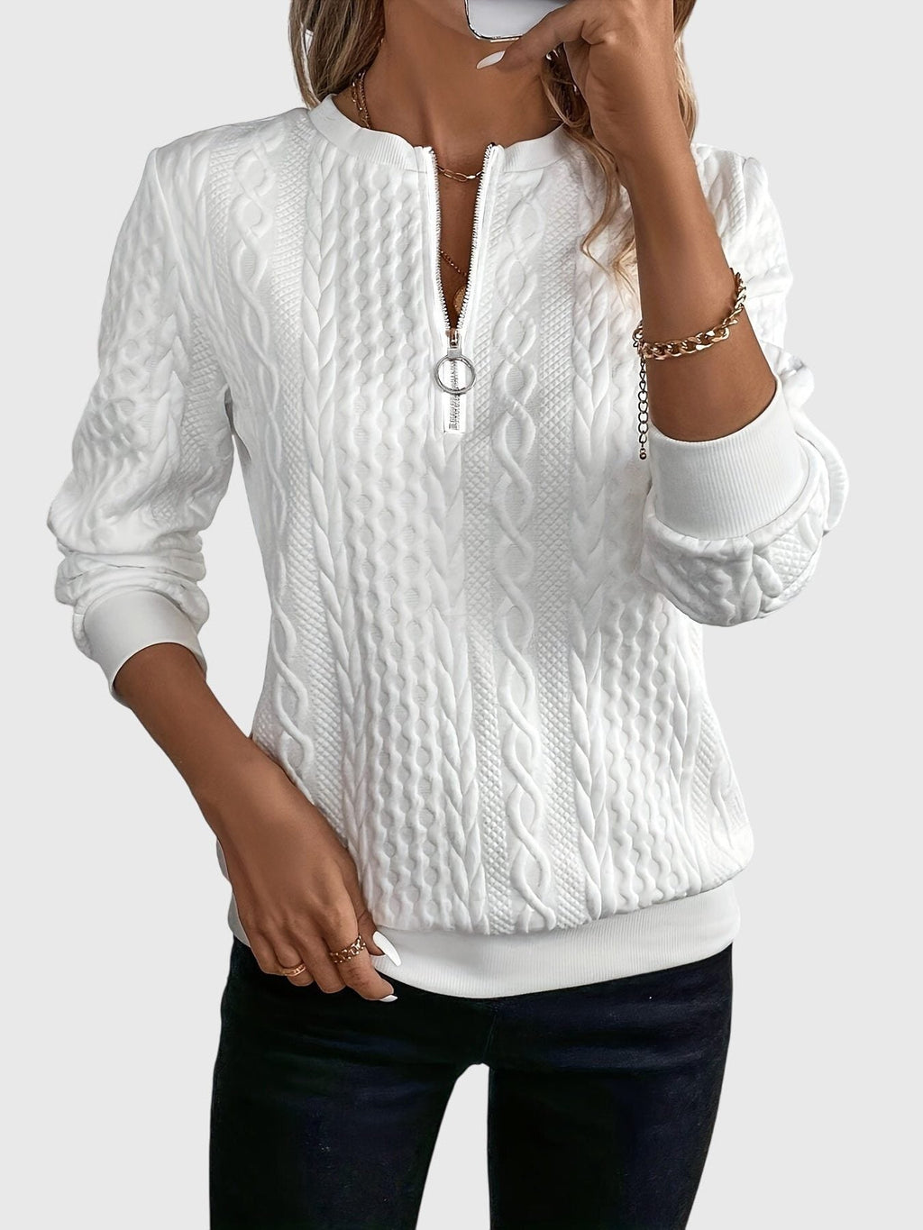 Women's Cable-Knit Zip-Up Sweater with Three-Quarter Sleeves
