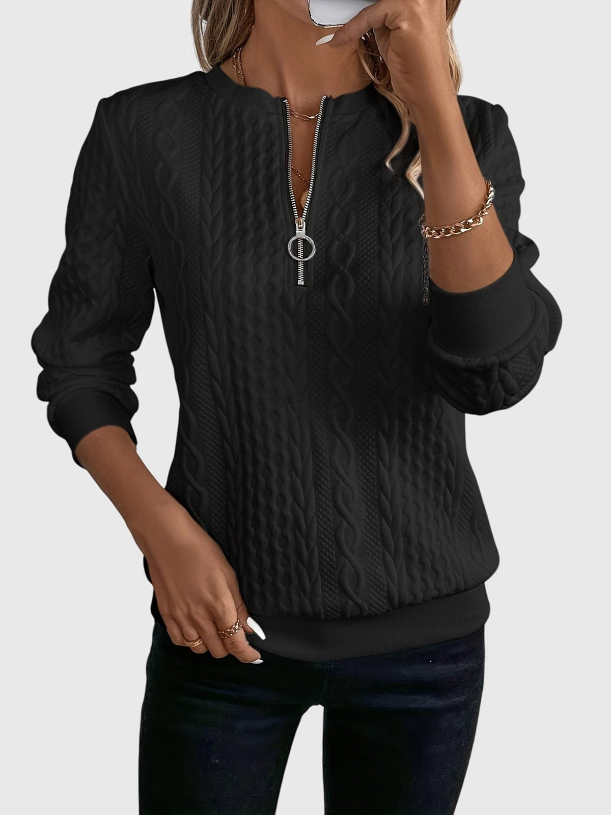 Women's Cable-Knit Zip-Up Sweater with Three-Quarter Sleeves