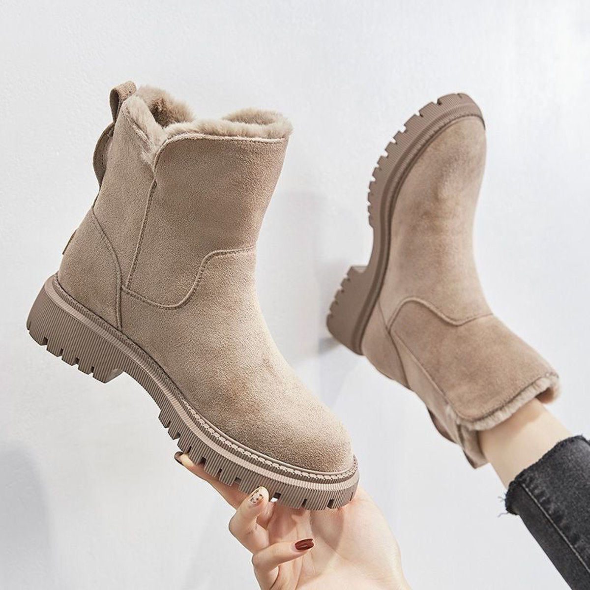 Women's Suede Slip-On Ankle Boots with Fleece Lining