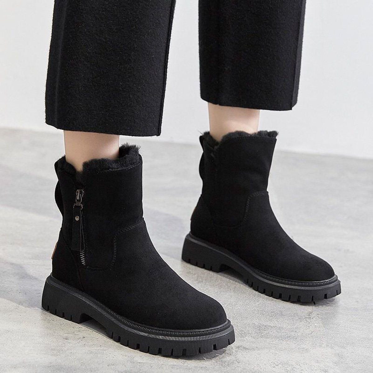 Women's Suede Slip-On Ankle Boots with Fleece Lining