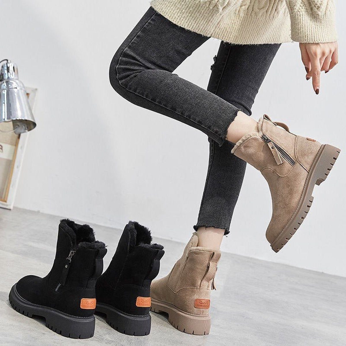 Women's Suede Slip-On Ankle Boots with Fleece Lining