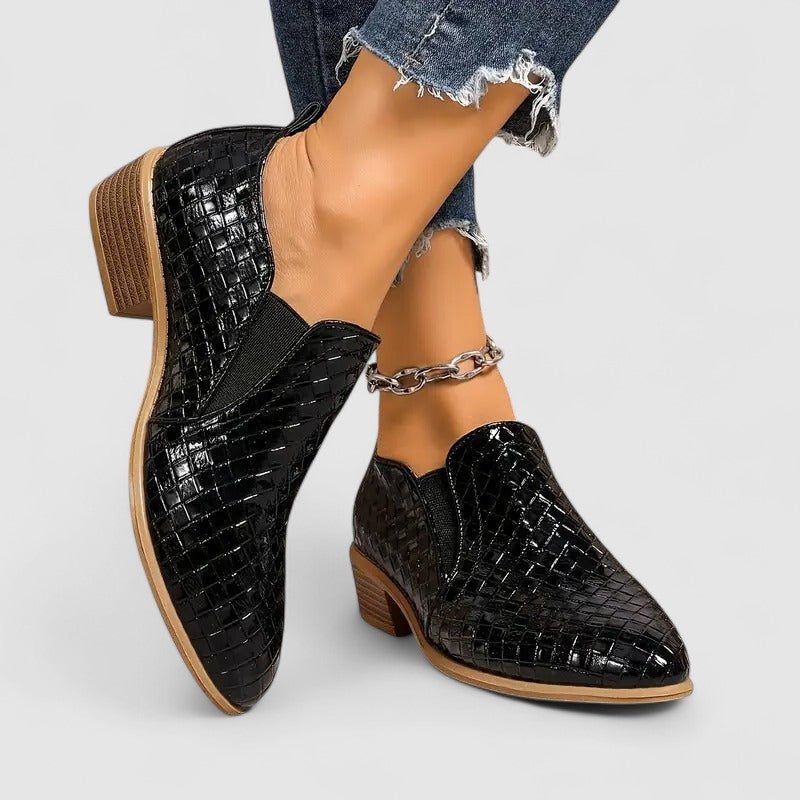 Women's Crocodile-Embossed Block Heel Loafers - Black