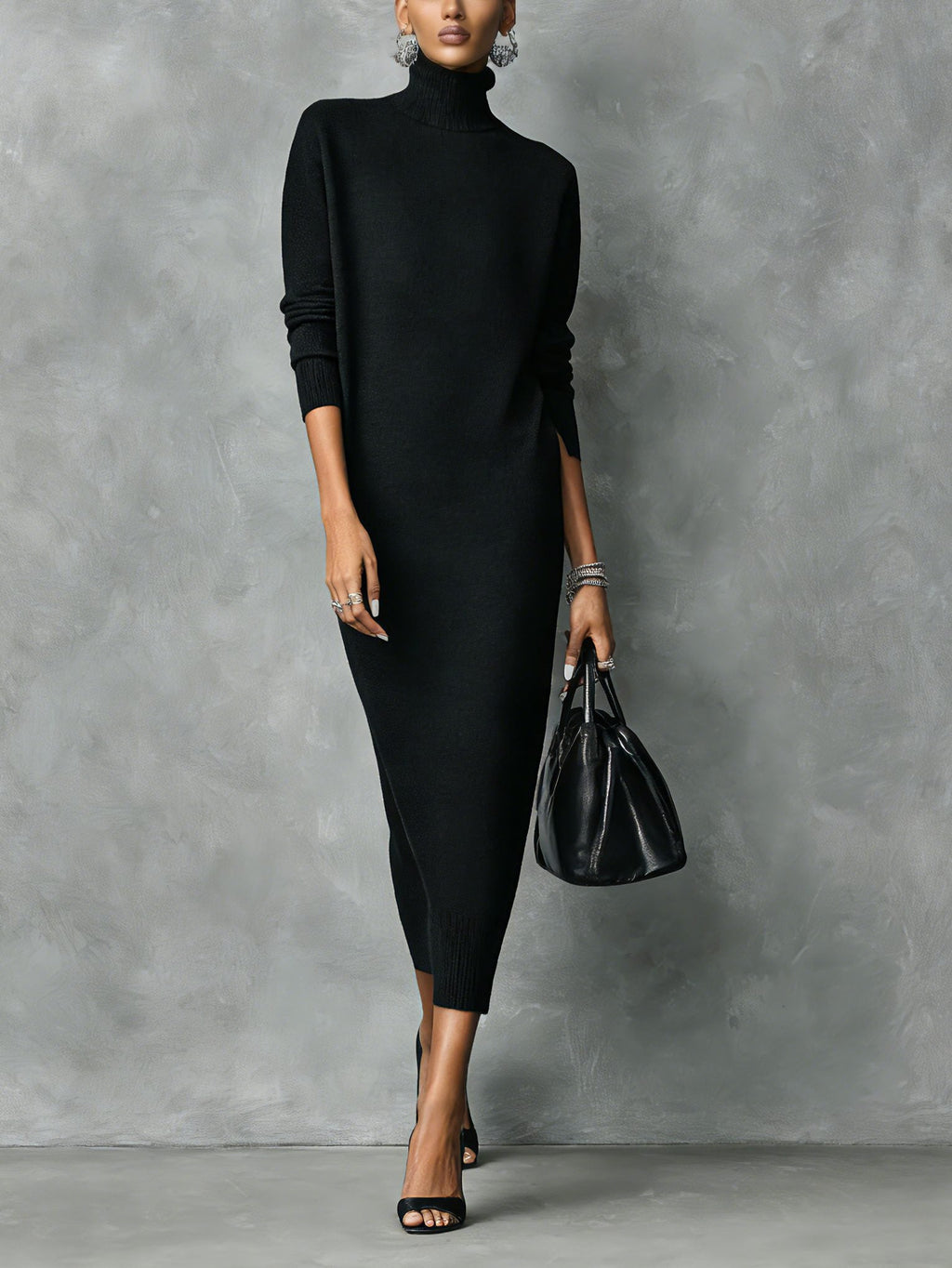 Women's Turtleneck Ribbed Knit Ankle-Length Sweater Dress - Black