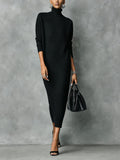 Women's Turtleneck Ribbed Knit Ankle-Length Sweater Dress - Black