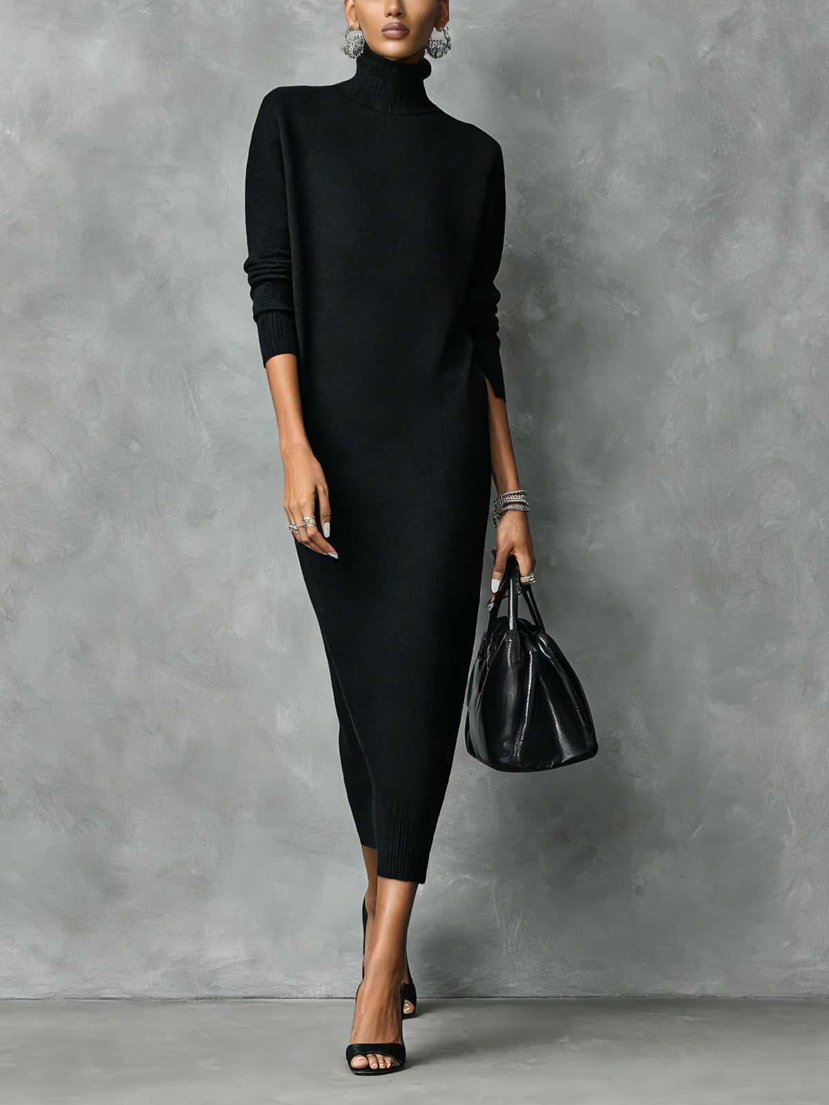 Women's Turtleneck Ribbed Knit Ankle-Length Sweater Dress - Black